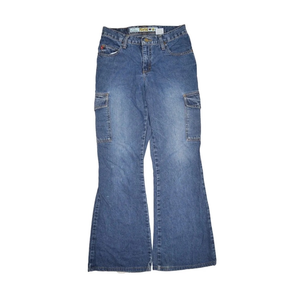 Mudd Jeans Womens 7 Flare Bell Bottom Dark Wash Denim y2k Cargo Pockets 28x30